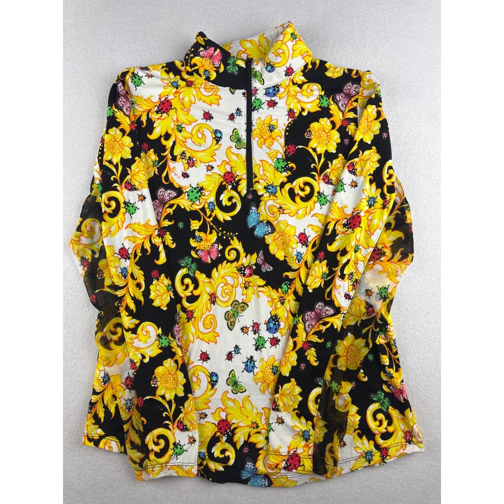 Gottex Life Style Baroque Ladybug Butterfly Quarter Zip Mesh Sleeve Top Small
